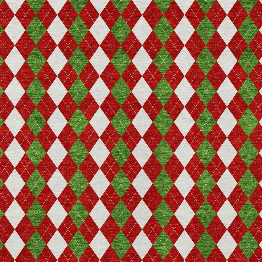 Red White And Green Argyle Washable Indoor Outdoor Area Rug Photo 3