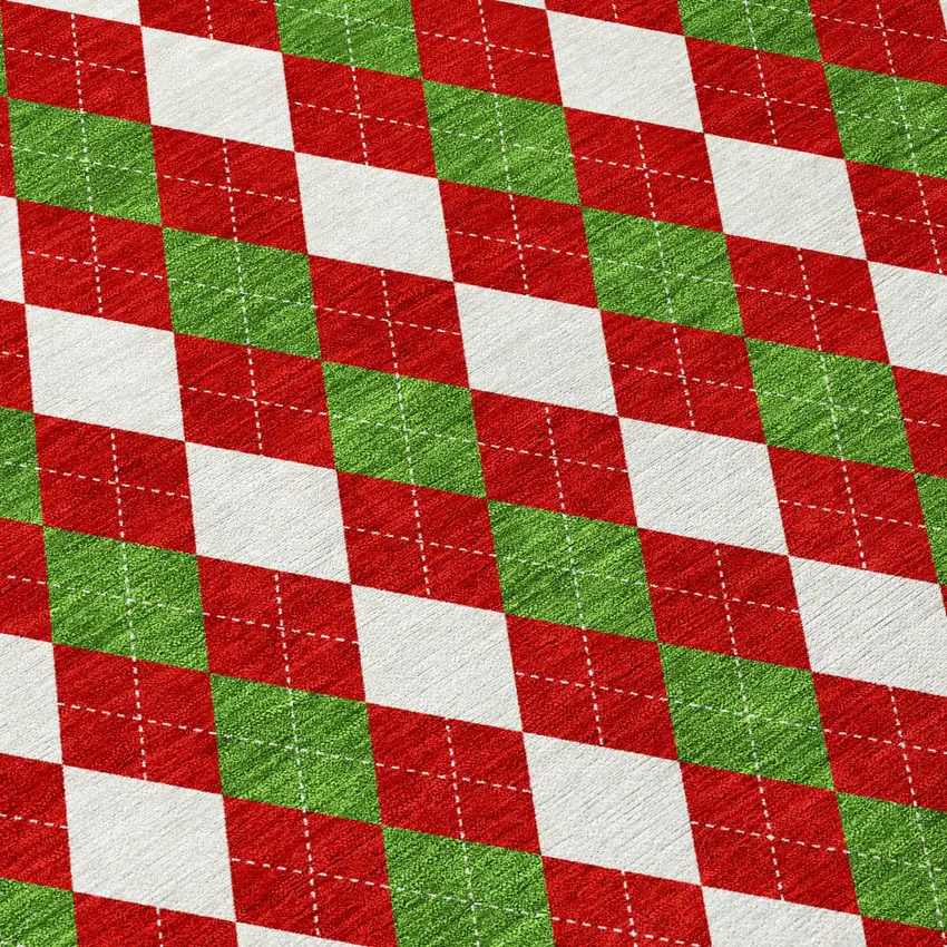 Red White And Green Argyle Washable Indoor Outdoor Area Rug Photo 9