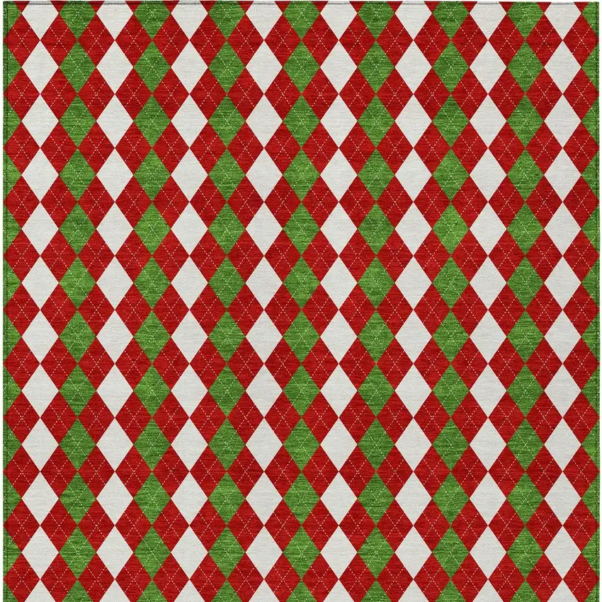 Red White And Green Argyle Washable Indoor Outdoor Area Rug Photo 6