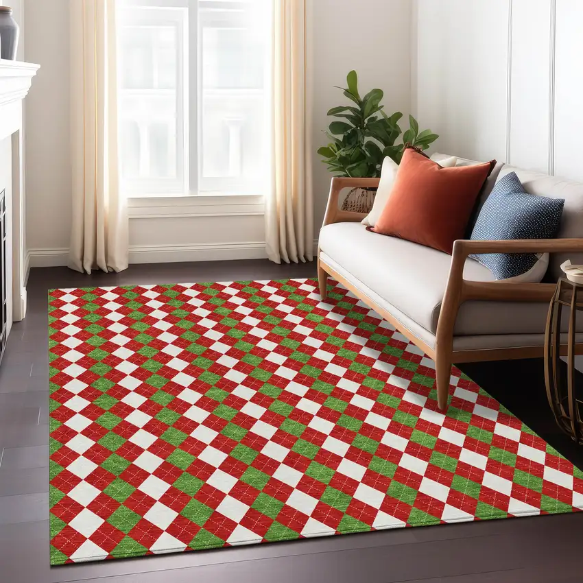 Red White And Green Argyle Washable Indoor Outdoor Area Rug Photo 7