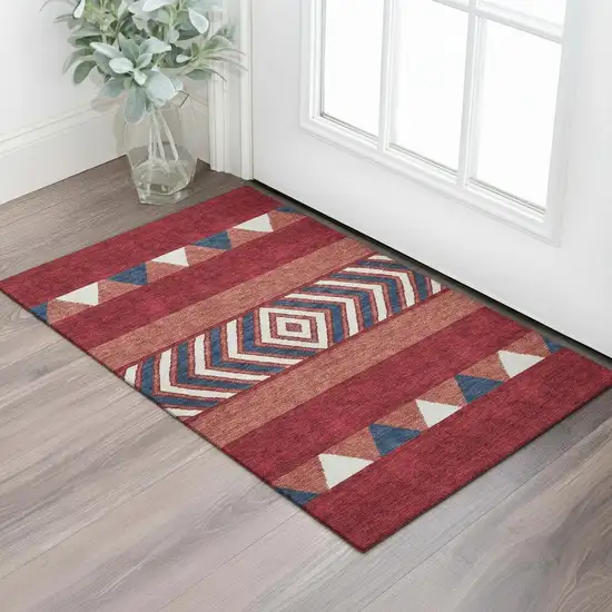 Red White And Navy Blue Southwestern Washable Area Rug With UV Protection Photo 1