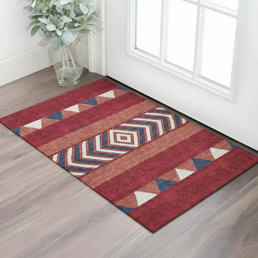 Red White And Navy Blue Southwestern Washable Area Rug With UV Protection Photo 1