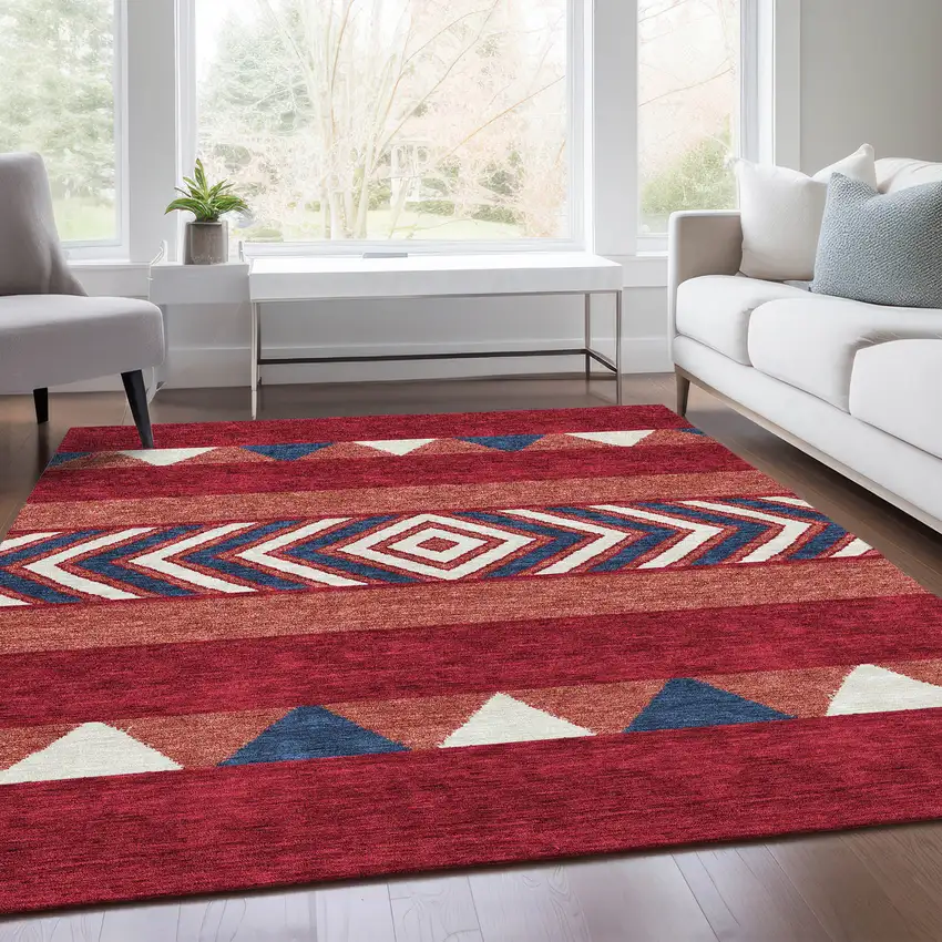 Red White And Navy Blue Southwestern Washable Area Rug With UV Protection Photo 3