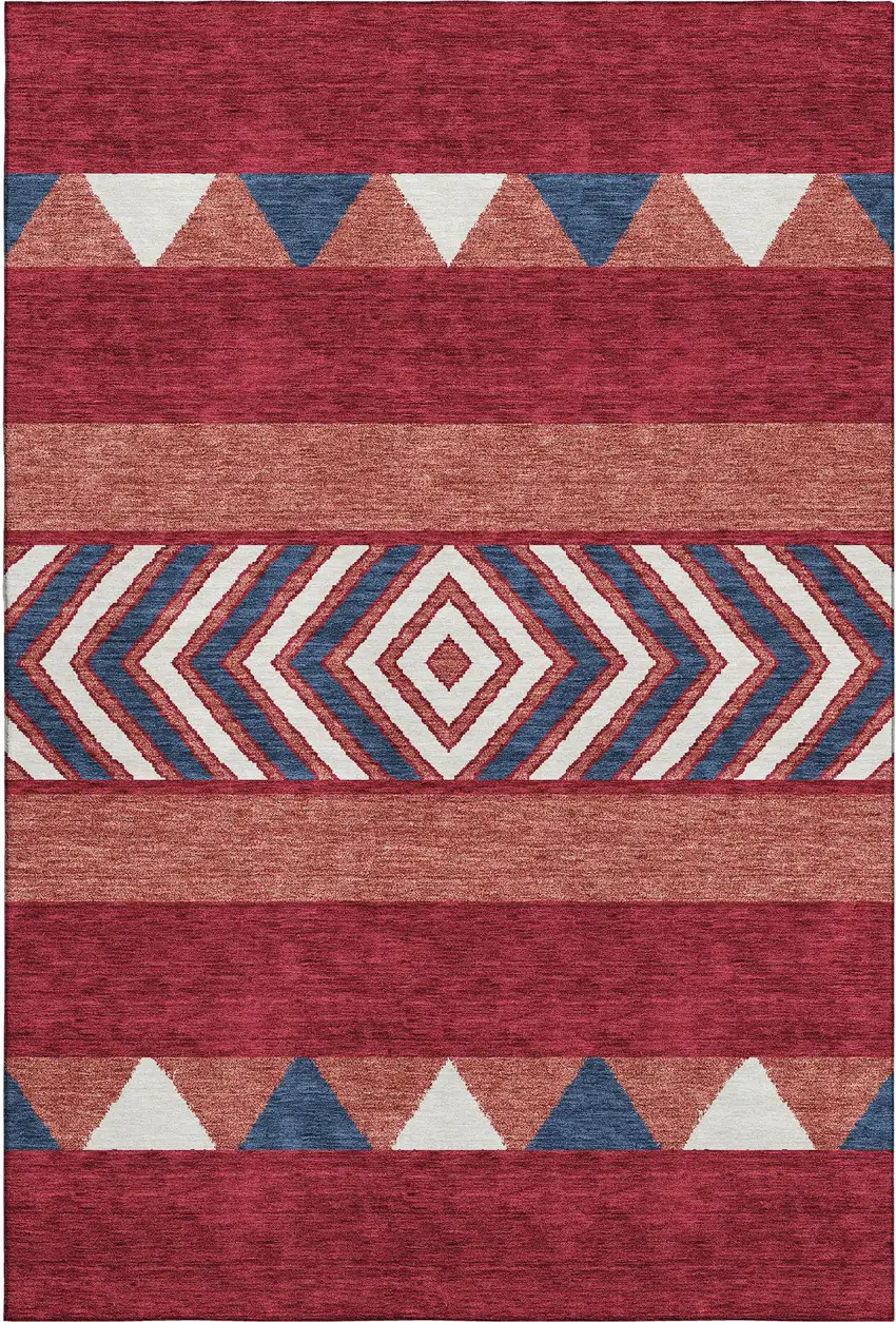 Red White And Navy Blue Southwestern Washable Area Rug With UV Protection Photo 1