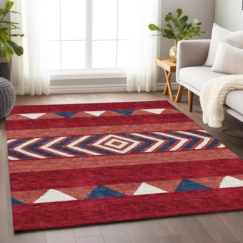 Red White And Navy Blue Southwestern Washable Area Rug With UV Protection Photo 2