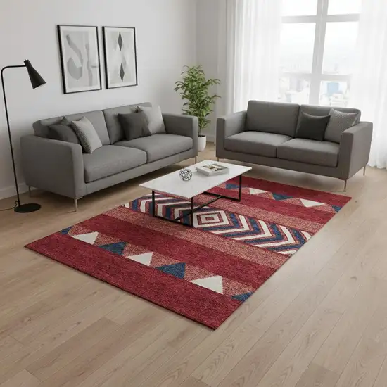 Red White And Navy Blue Southwestern Washable Area Rug With UV Protection Photo 2