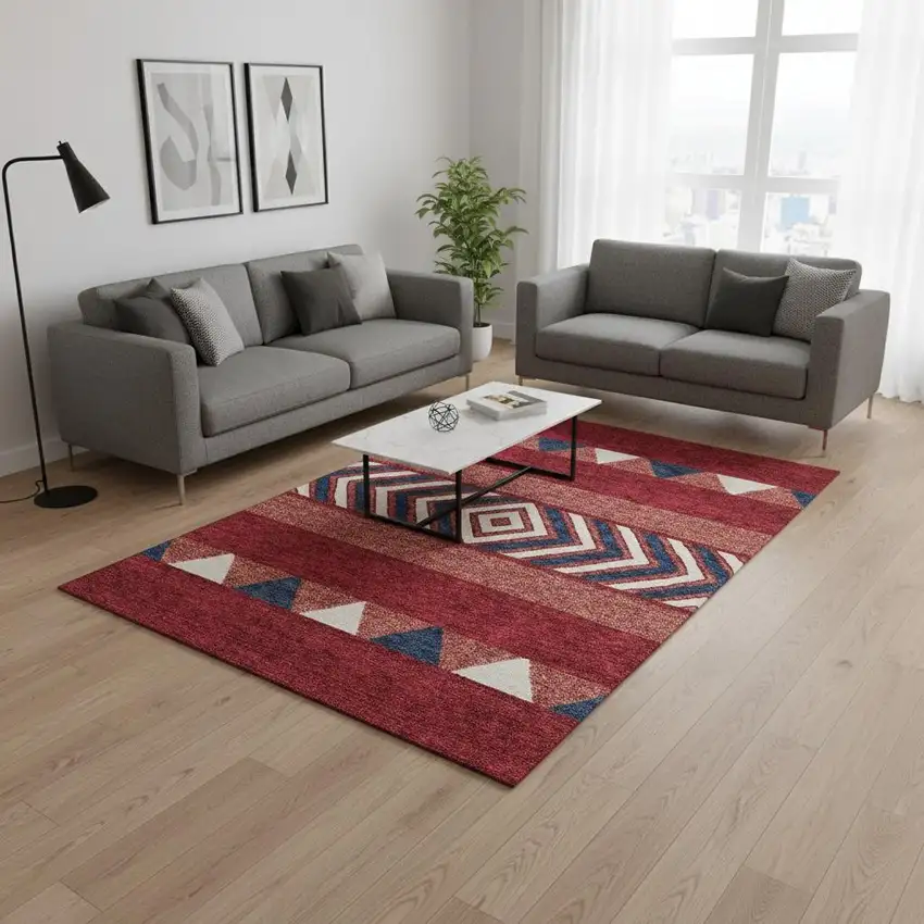 Red White And Navy Blue Southwestern Washable Area Rug With UV Protection Photo 2