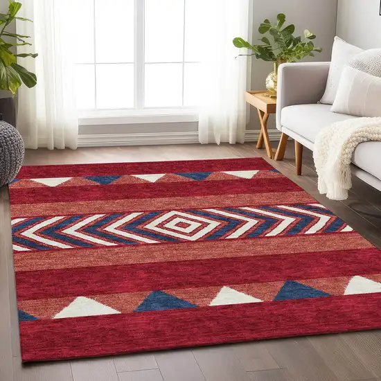 Red White And Navy Blue Southwestern Washable Area Rug With UV Protection Photo 2