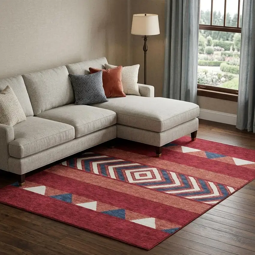 Red White And Navy Blue Southwestern Washable Area Rug With UV Protection Photo 1