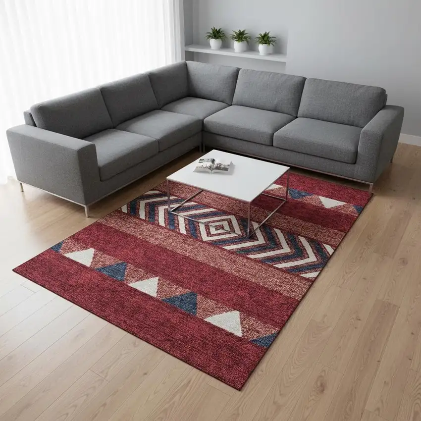 Red White And Navy Blue Southwestern Washable Area Rug With UV Protection Photo 2