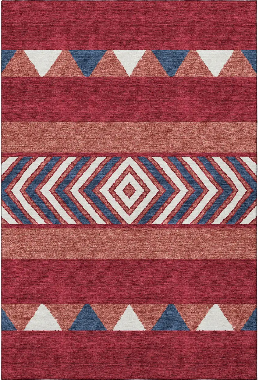 Red White And Navy Blue Southwestern Washable Area Rug With UV Protection Photo 2