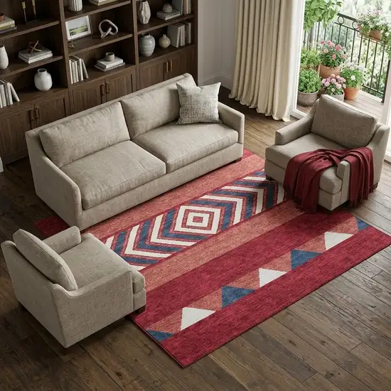 Red White And Navy Blue Southwestern Washable Area Rug With UV Protection Photo 1