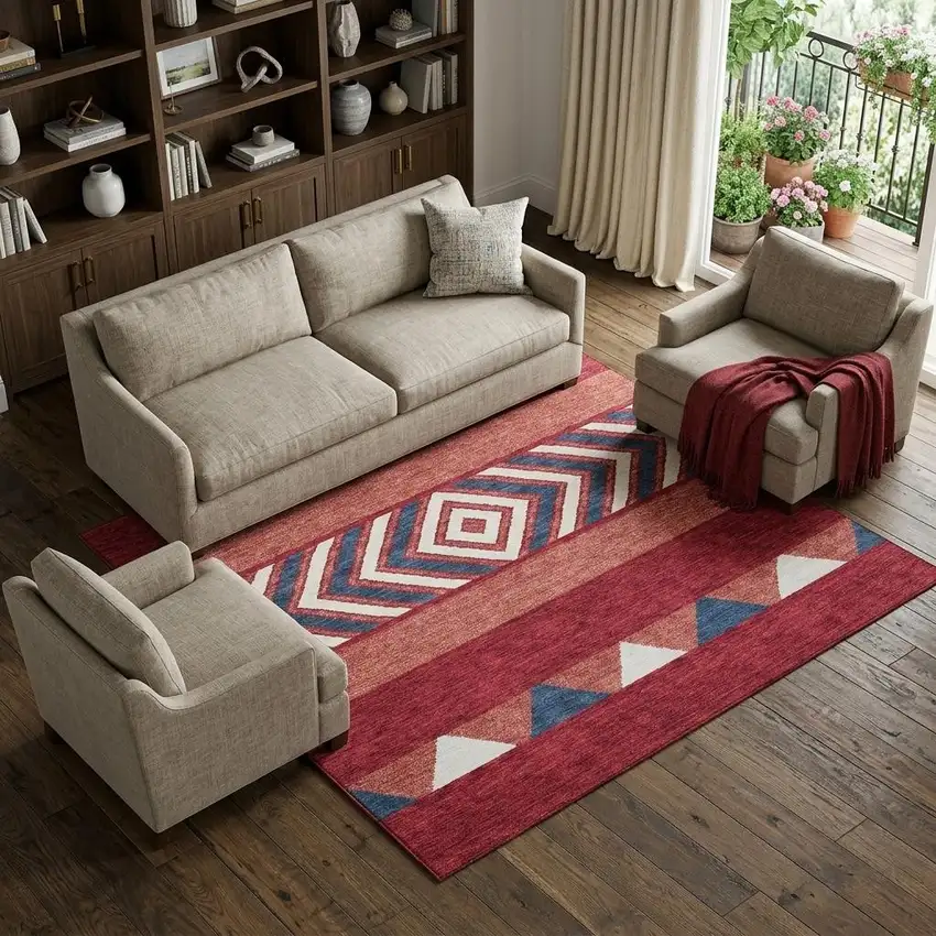Red White And Navy Blue Southwestern Washable Area Rug With UV Protection Photo 1