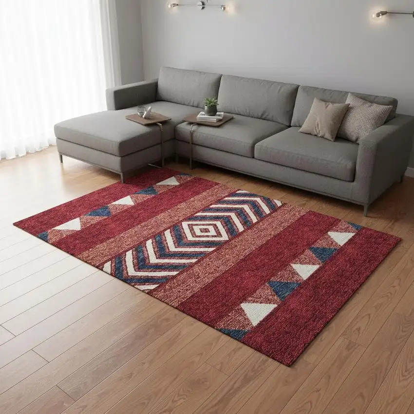 Red White And Navy Blue Southwestern Washable Area Rug With UV Protection Photo 2