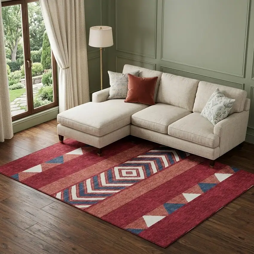 Red White And Navy Blue Southwestern Washable Area Rug With UV Protection Photo 1