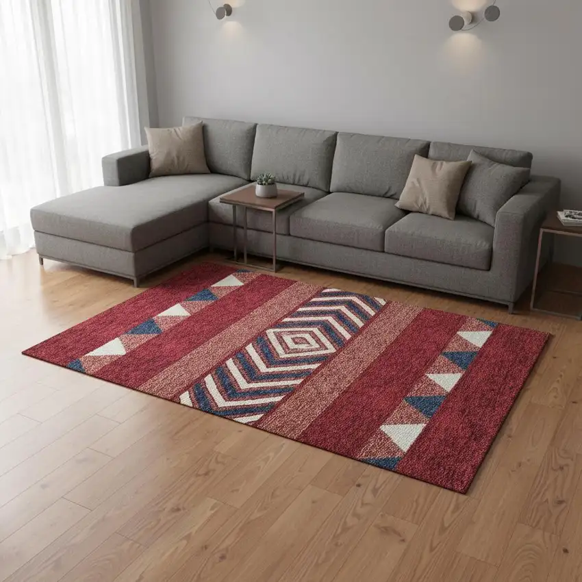 Red White And Navy Blue Southwestern Washable Area Rug With UV Protection Photo 2