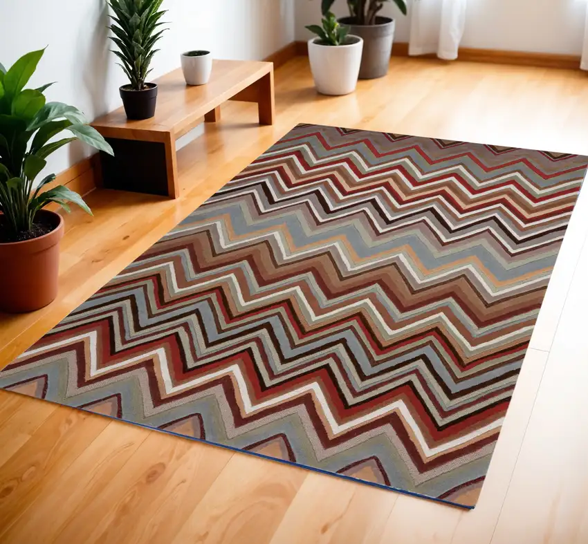 Red White and Brown Chevron Area Rug Photo 1