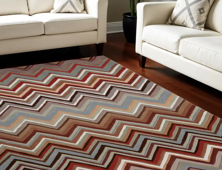 Red White and Brown Chevron Area Rug Photo 1