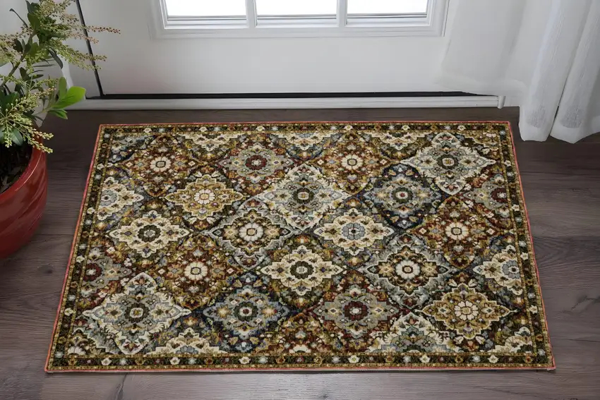 Red Yellow And Ivory Medallion Area Rug Photo 1