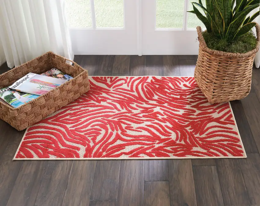 Red And Ivory Abstract Indoor Outdoor Area Rug Photo 7