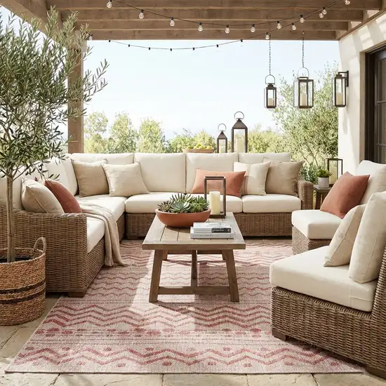 Beige And Red Chevron Indoor Outdoor Area Rug Photo 5