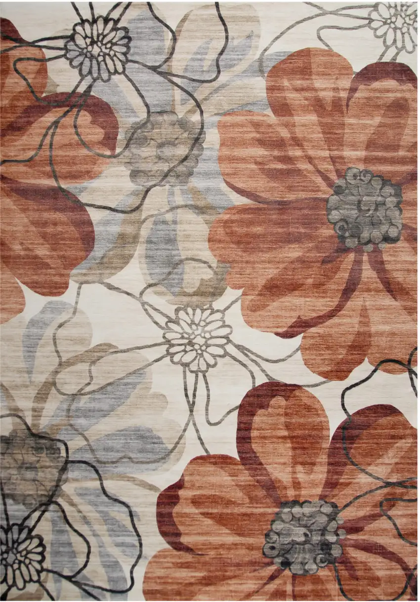 Red and Beige Floral Distressed Area Rug Photo 2