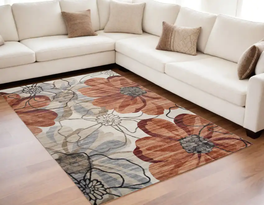 Red and Beige Floral Distressed Area Rug Photo 1
