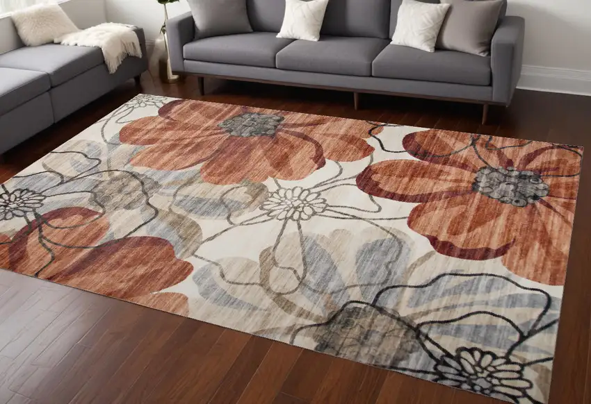 Red and Beige Floral Distressed Area Rug Photo 1
