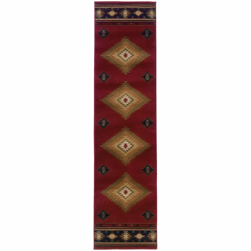 Red and Beige Ikat Pattern Runner Rug Photo 1