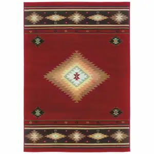 Photo of Red and Beige Ikat Pattern Scatter Rug