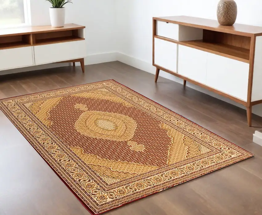 Red and Beige Oriental Power Loom Area Rug Photo 1