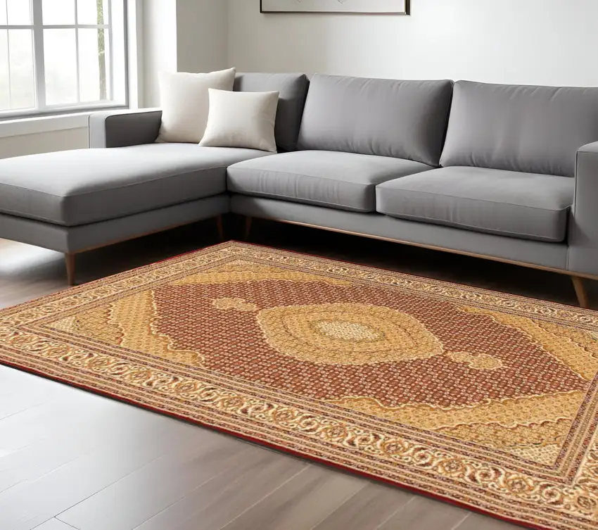 Red and Beige Oriental Power Loom Area Rug Photo 1