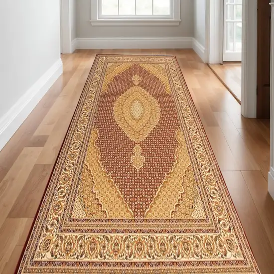 13' Red And Beige Oriental Runner Rug Photo 1