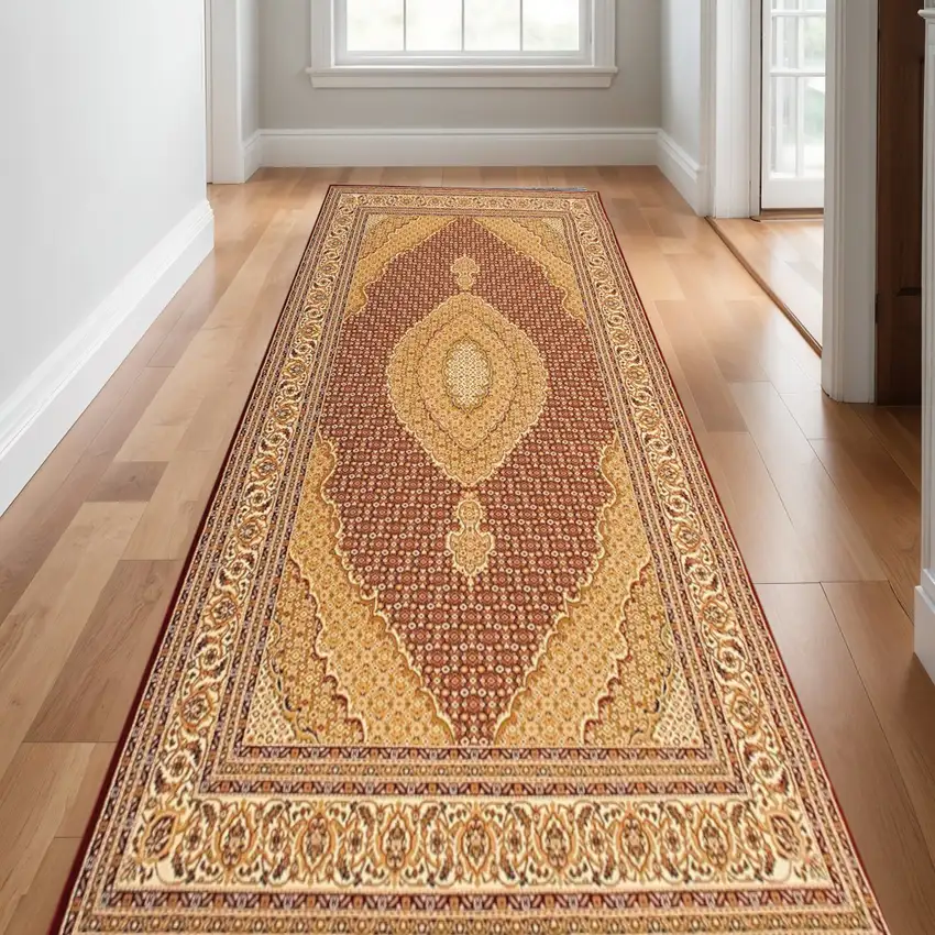 15' Red And Beige Oriental Runner Rug Photo 1