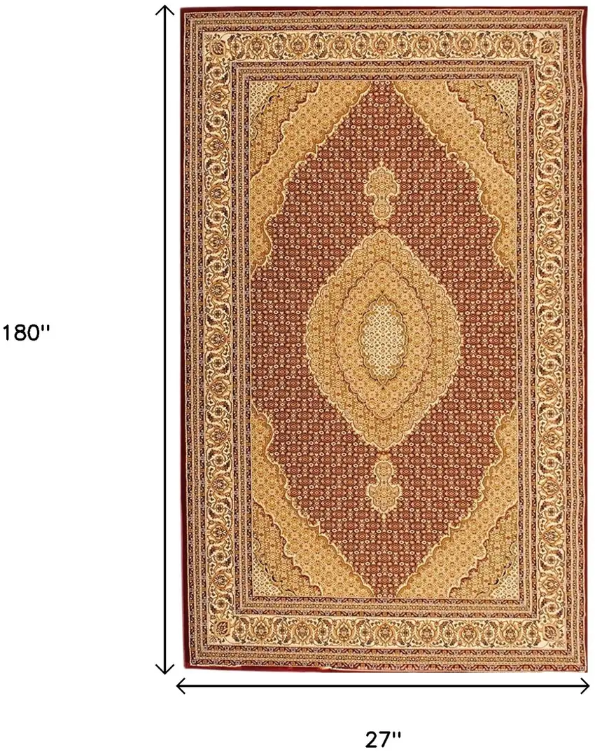 15' Red And Beige Oriental Runner Rug Photo 3