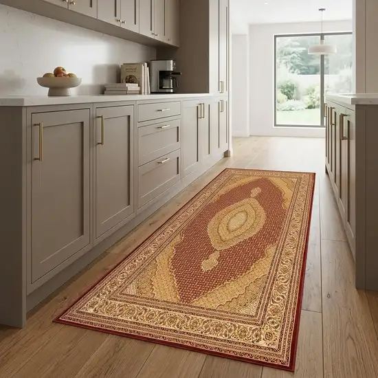 8' Red And Beige Oriental Runner Rug Photo 1