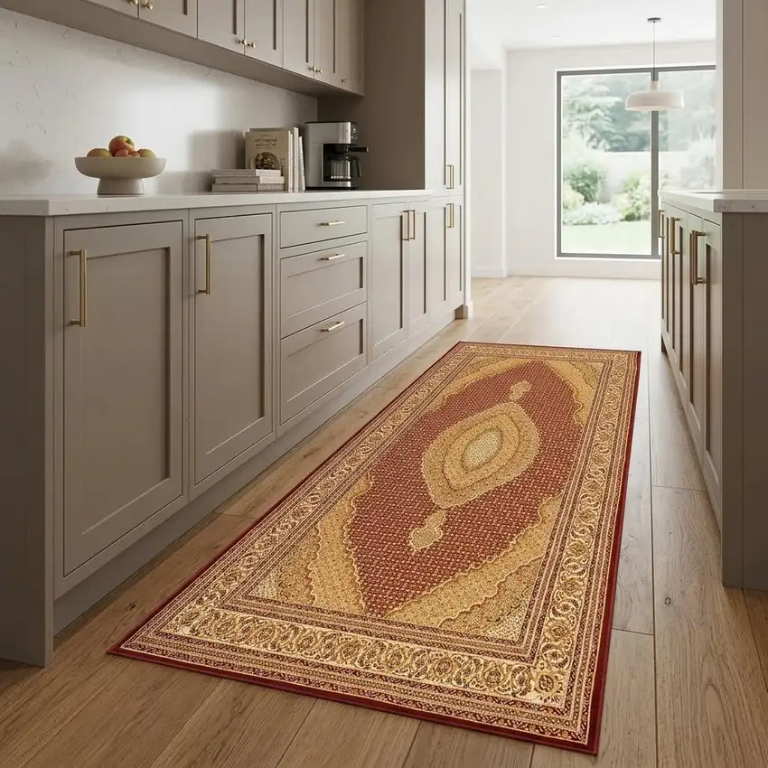 8' Red And Beige Oriental Runner Rug Photo 1