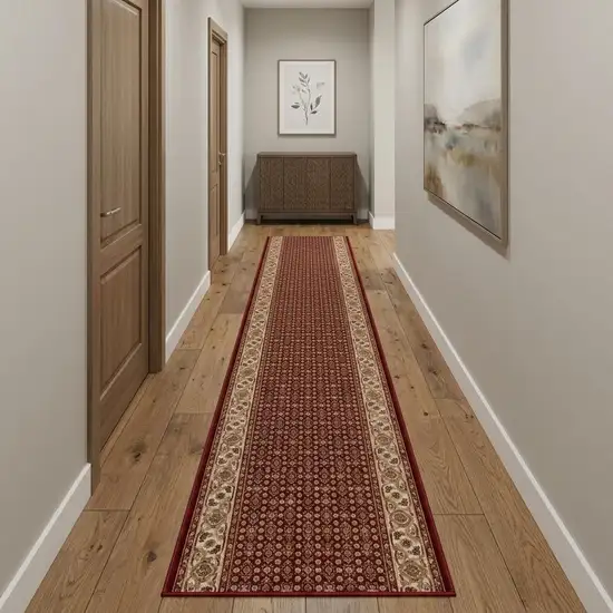 15' Red And Beige Oriental Runner Rug Photo 1