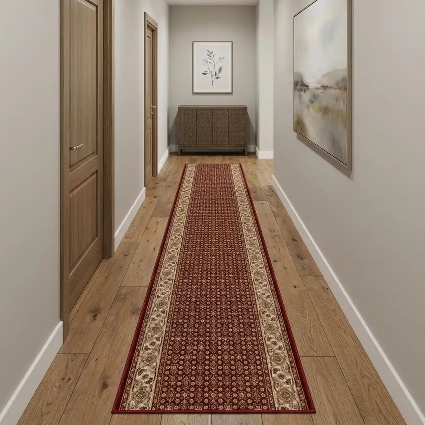15' Red And Beige Oriental Runner Rug Photo 1