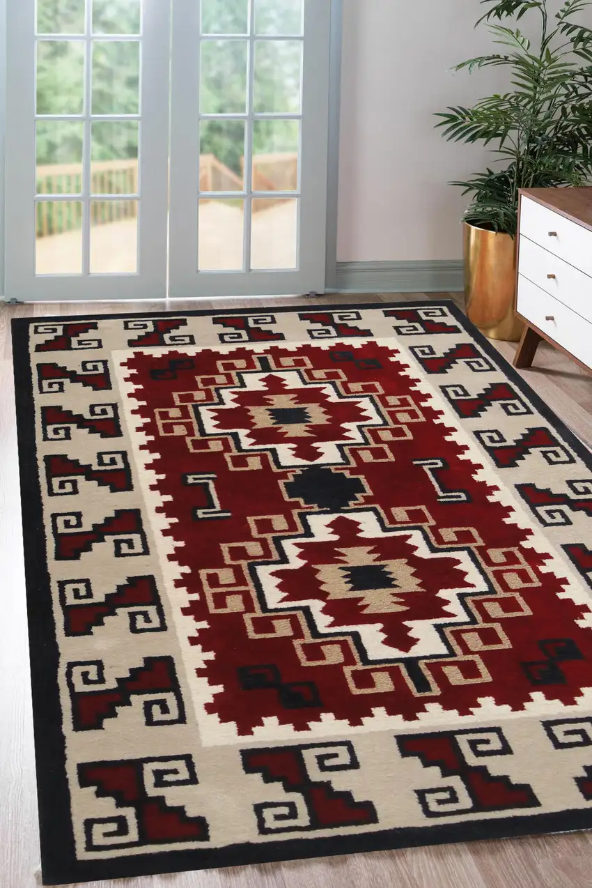 Red and Beige Southwestern Hand Tufted Non Skid Area Rug Photo 7
