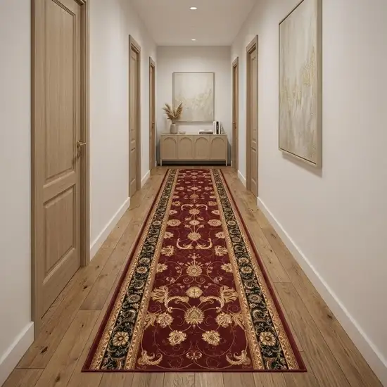 13' Red And Black Oriental Runner Rug Photo 1