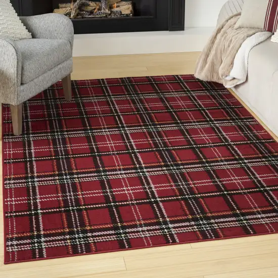 Red and Black Plaid Power Loom Area Rug Photo 5