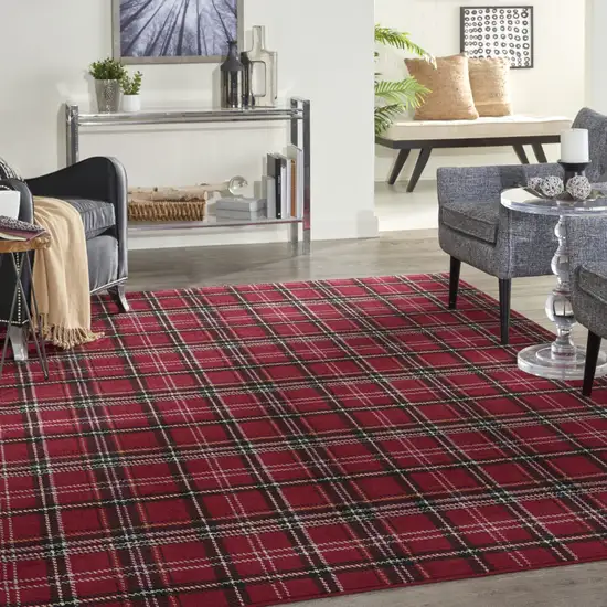 Red and Black Plaid Power Loom Area Rug Photo 5
