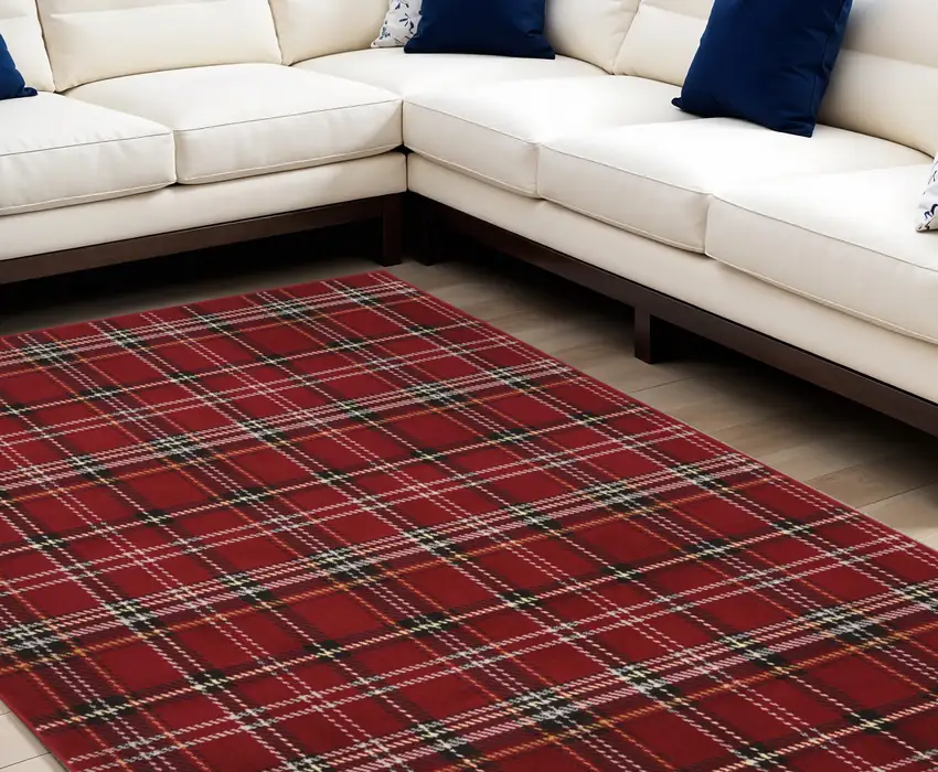 Red and Black Plaid Power Loom Area Rug Photo 1