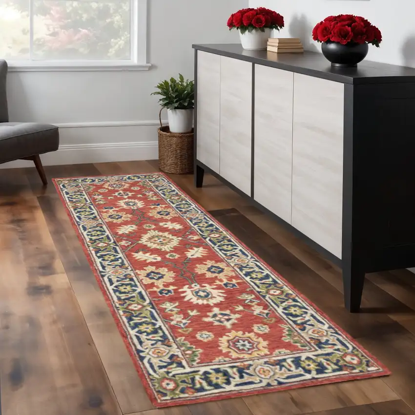 8' Red And Green Wool Hand Tufted Runner Rug Photo 1