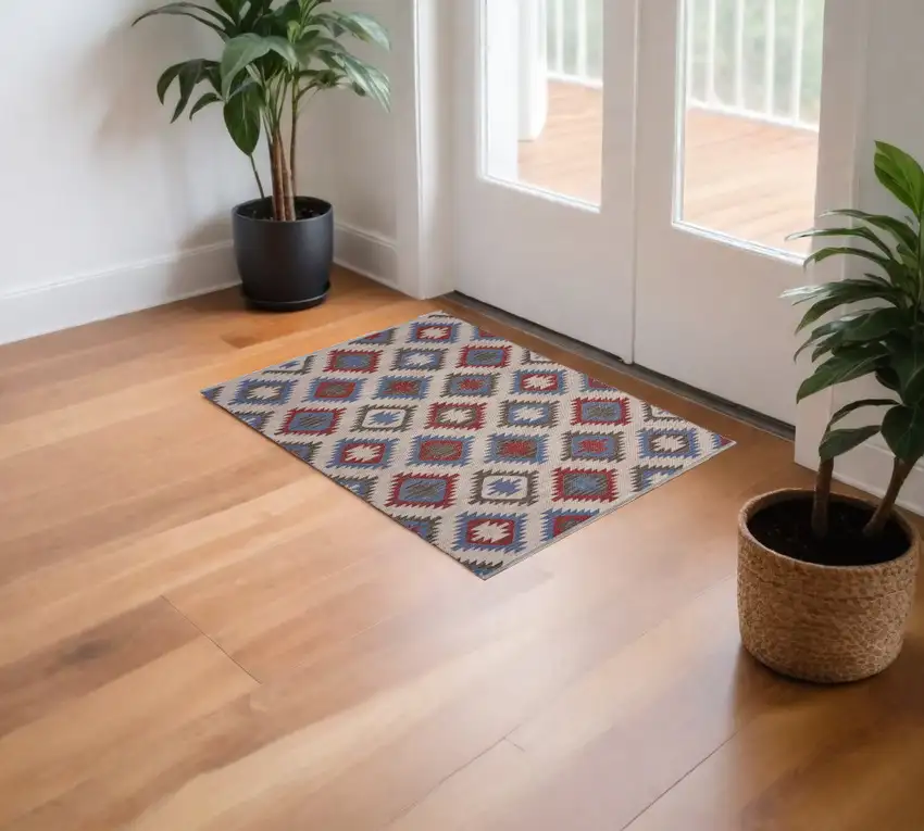 Red and Blue Geometric Diamonds Area Rug Photo 2