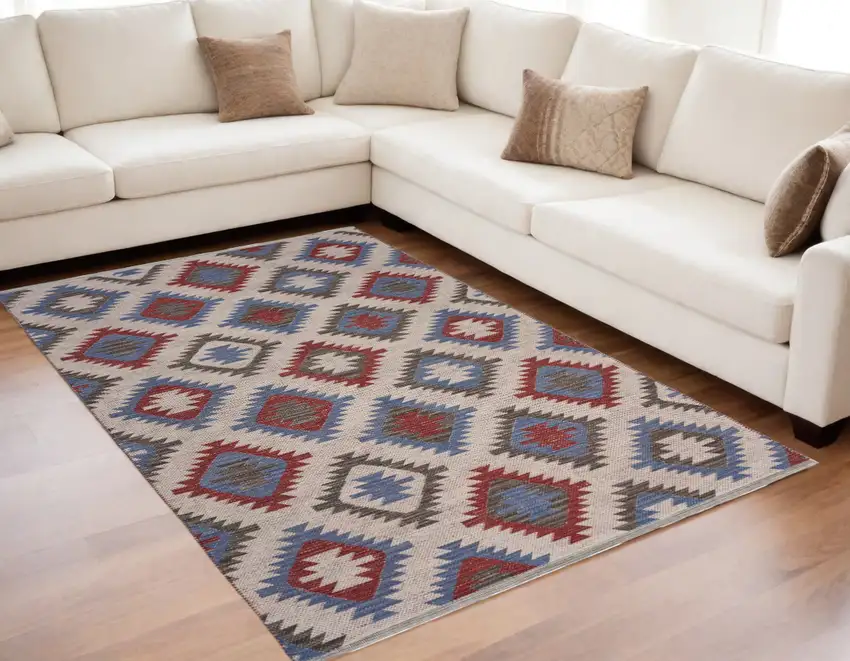 Red and Blue Geometric Diamonds Area Rug Photo 2