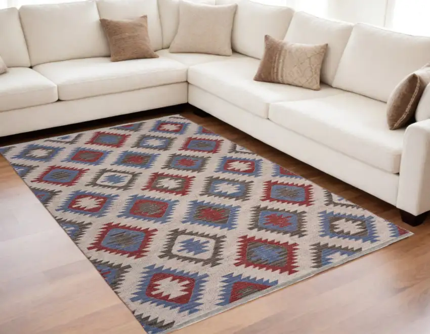 Red and Blue Geometric Diamonds Area Rug Photo 2