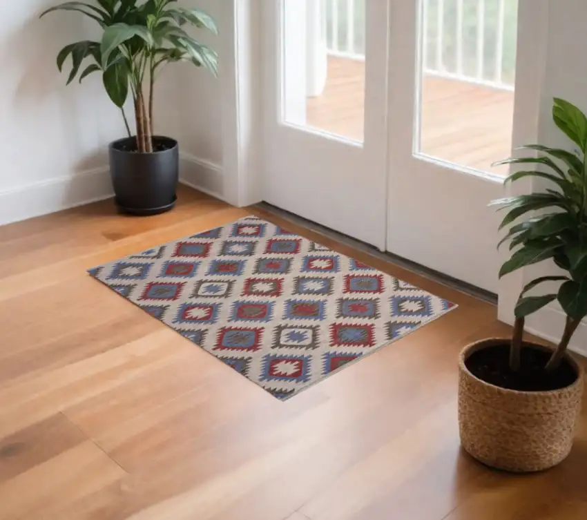 Red and Blue Geometric Diamonds Area Rug Photo 2