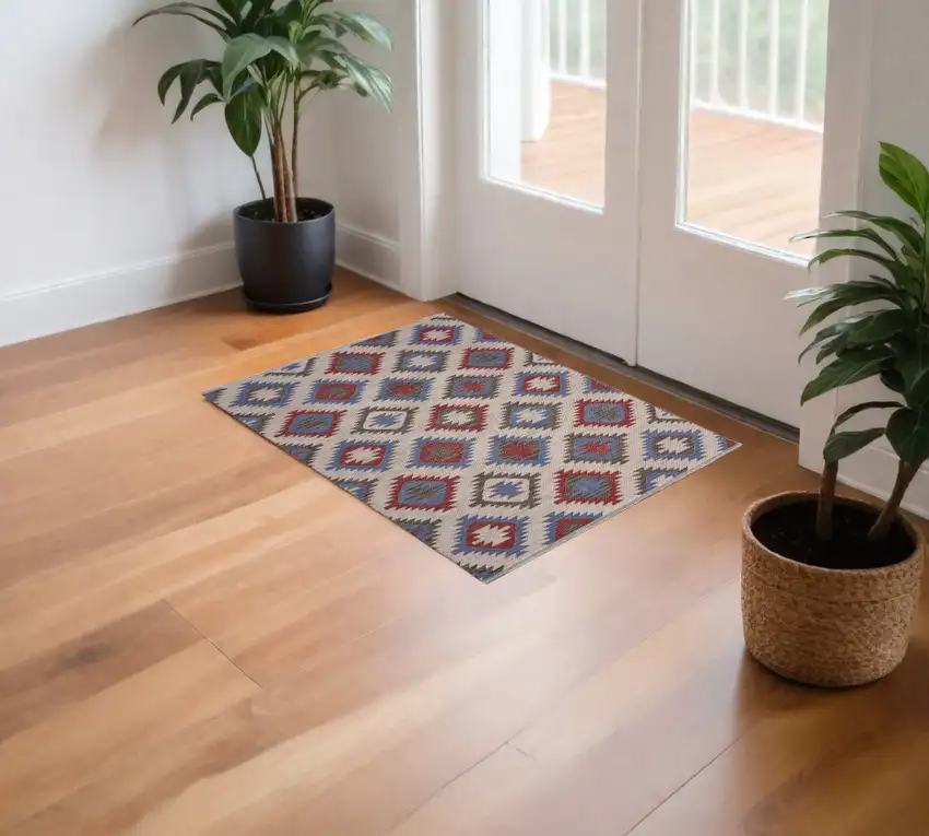 Red and Blue Geometric Diamonds Area Rug Photo 2